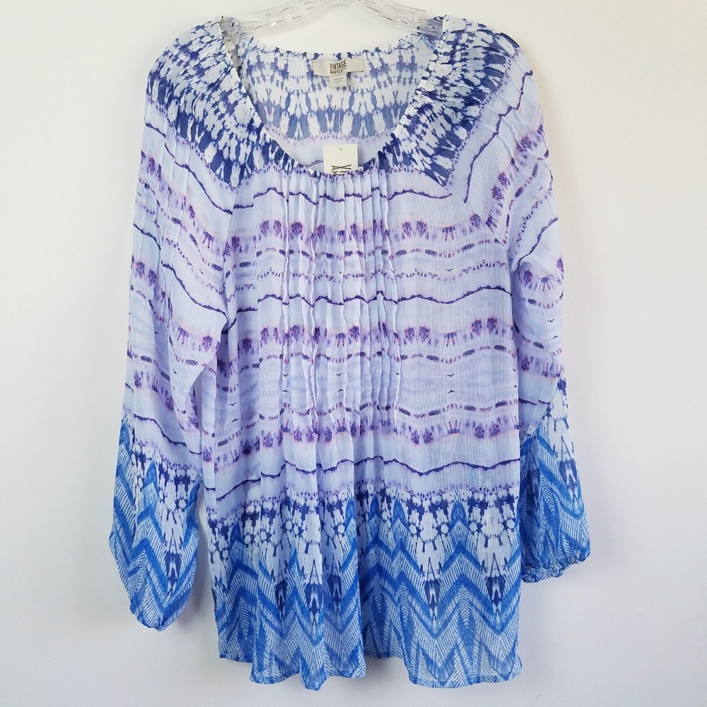 Vintage America Blues Tunic Top Blouse LARGE (Bust 40") Blue Tie Dye Sheer